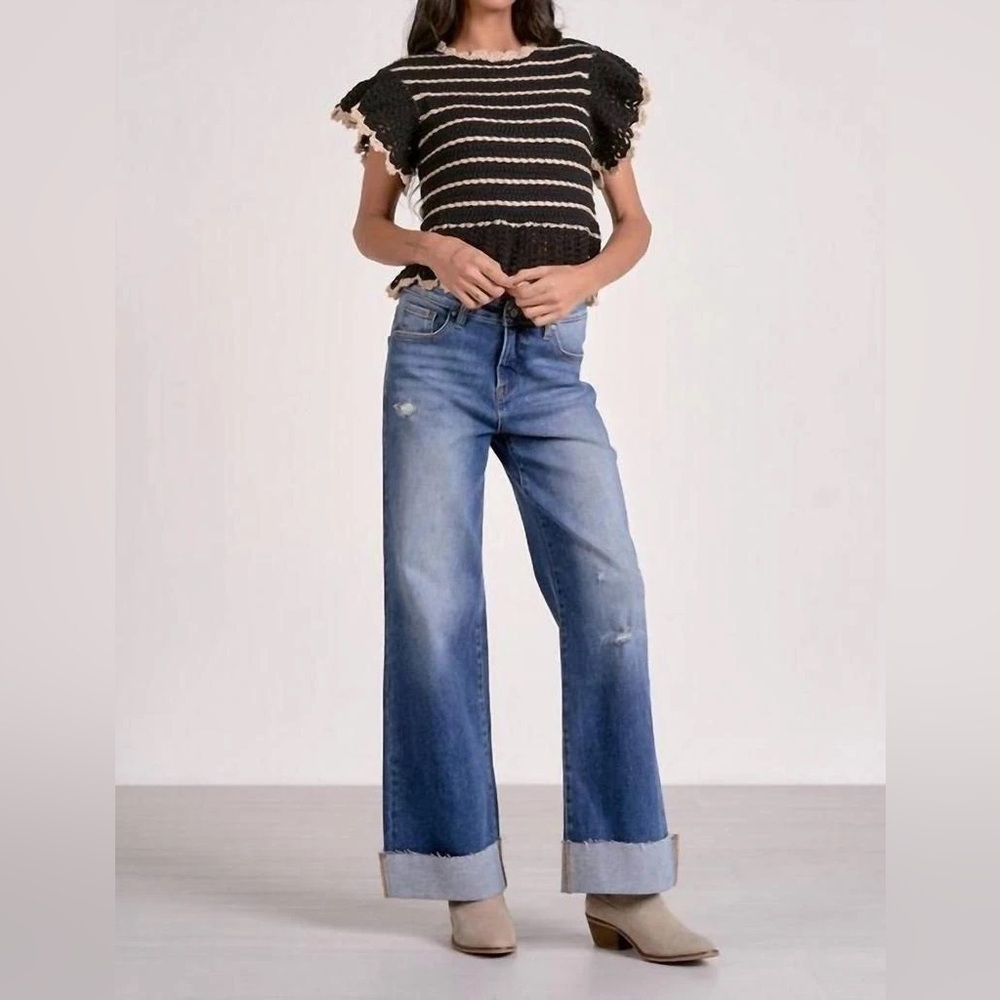 ELAN Black & Natural Striped Crochet Ruffle Sleeve Top - NWT - Picture 4 of 15